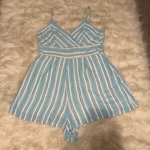 Blue and White Striped Romper with Lace